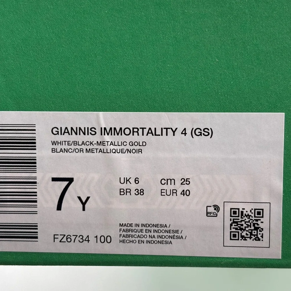 Nike Giannis Immortality 4 GS 7Y White Black Gold FZ6734-100 New Basketball Shoe